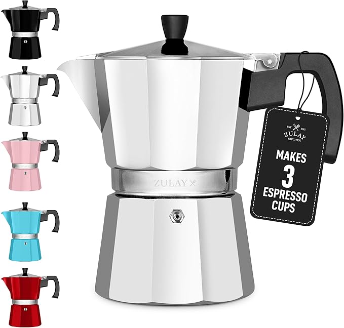 Zulay Moka Pot Espresso Stovetop Coffee Maker - Leak-Proof, Stainless Steel, Easy to Clean, Heat Resistant Handle & Knob - Makes 3 Espresso Cups - Silver