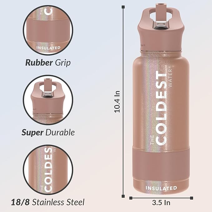 Coldest Insulated Water Bottle with Straw Lid - Stainless Steel Metal Insulated Bottle for Men & Women (Golden Rose Glitter, 32 oz)