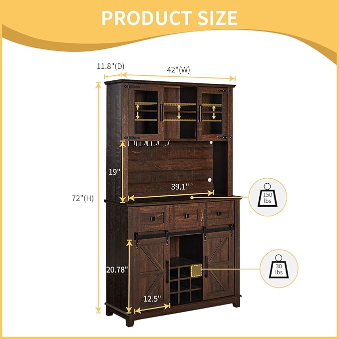 72" Coffee Bar Wine Cabinet with Sliding Barn Door & LED Lights, Sideboard Buffet Cabinet with Wine Bottle Rack, 3 Drawers, Storage Cabinets for Kitchen, Dining Room, Brown