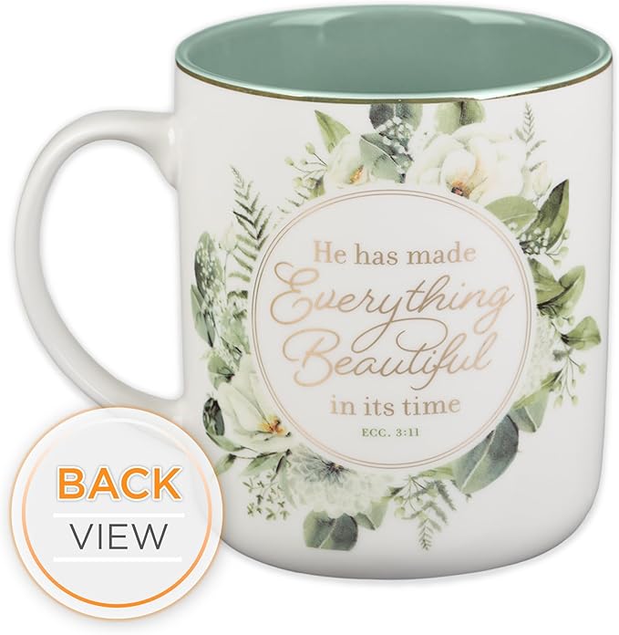 Christian Art Gifts Large Ceramic Inspirational Coffee & Tea Scripture Mug for Women: Everything Beautiful Encouraging Bible Verse, Sturdy, Novelty Non-Toxic Beverage Cup, White & Green Floral, 14 oz.