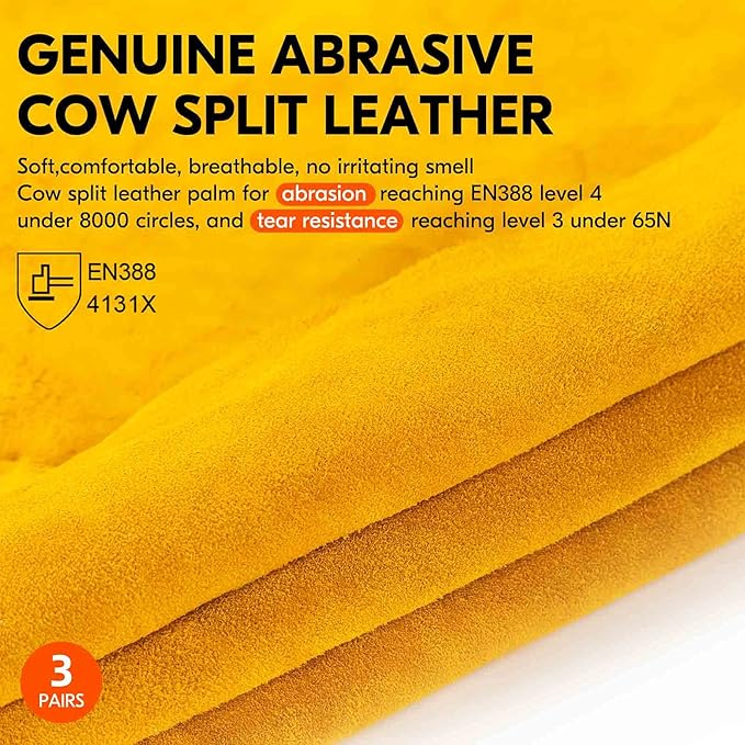 Vgo... 3-Pairs Unlined Cowhide Split Leather Work and Driver Gloves, for Heavy Duty, Truck Driving, Warehouse, Gardening, Farm (Size S, Gold, CB9501)
