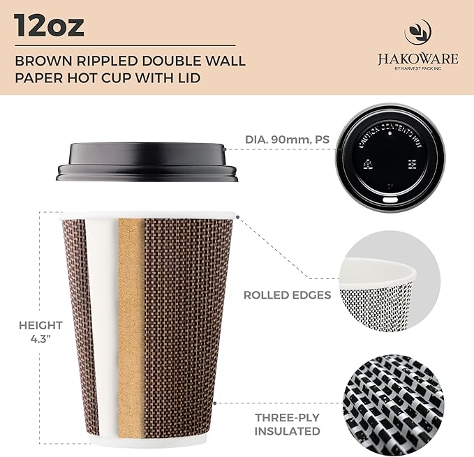 [100 SET]Harvest Pack 12 oz Disposable Coffee Cups, Insulated Ripple Double-Walled Paper Cups with Lids, Brown Geometric, Leak-Proof Drinking Cups for Tea Hot Chocolate Drinks To go coffee cups