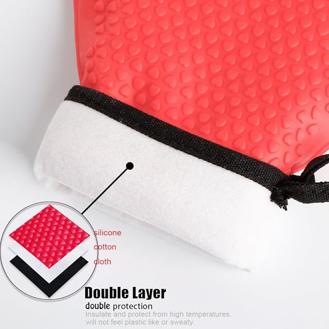 Kitchen Oven Gloves - Dual-Layer Heat Resistant Grilling Gloves, Silicone Oven Mitts with 5 Fingers, Waterproof Non-Slip Pot Holder for Barbecue, Cooking, Baking (Red, Long)