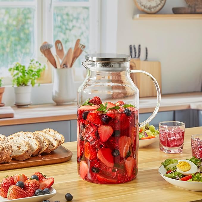 1 Gallon Glass Pitcher with Lid and Spout, Glass Water Carafe for Hot/Cold Water, Large Jug for Iced Tea, Coffee, Juice and Homemade Beverage
