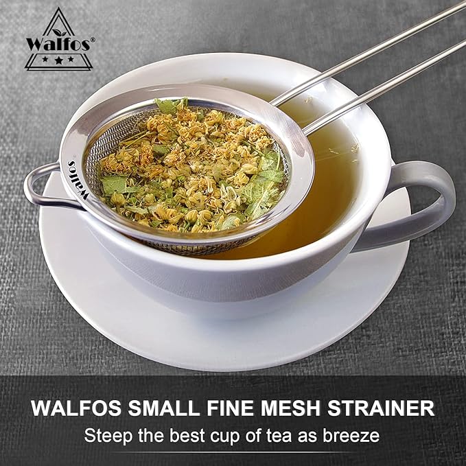Walfos Fine Mesh Strainers Set, Premium Stainless Steel Colanders and Sifters, with Reinforced Frame Sturdy Handle, Perfect for Sift, Strain, Drain Rinse Vegetables, Pastas Tea - 3 Sizes