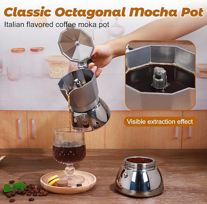 No Coating 4 Cup Aluminum and Stainless Steel Moka Pot Stovetop Espresso Maker Italian Coffee Machine 220ml 7.44oz Suitable for Gas Induction Stovetop Greca Coffee Maker Percolator Silver