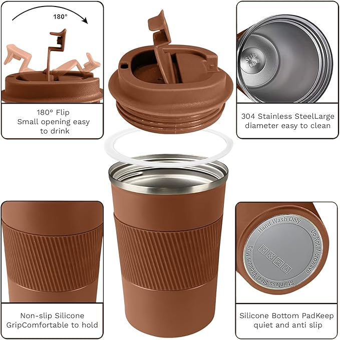 YINBAOGE Insulated Travel Coffee Mug Spill Proof Leak Proof Pobtable To Go Camping Stainless Steel Coffee Tumbler Reusable Coffee Cups with Lids Thermos for Hot and Cold Drink (Brown, 17 OZ)