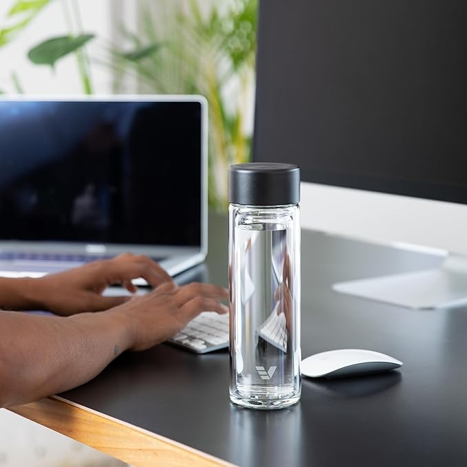 Glass Multi Tea Infuser Bottle 14oz - Double Wall Borosilicate Glass Flask | No Plastic Touches Contents | Perfect for Office or Home - Black