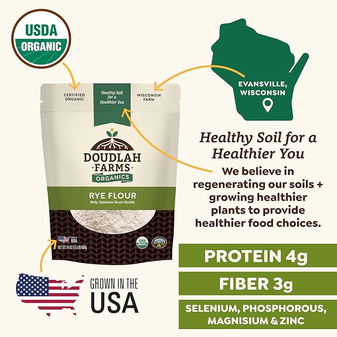 Organic Rye Flour 5 lb - Non-GMO, USDA Organic, Vegan, For Baking Sourdough, Bread, and More! Grown In USA, Farmed From Regenerative Soil by Doudlah Farms