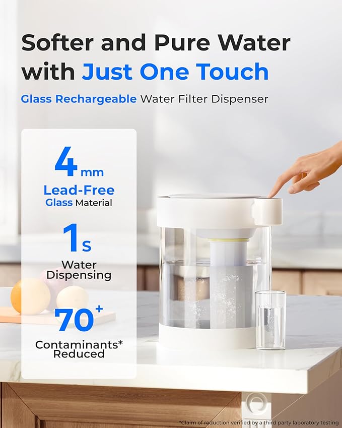 Waterdrop Glass Large 22-Cup Rechargeable Water Filter Dispenser, Reduce 70+ Contaminants, Instant Eco-Friendly Countertop Water Filter System, 5-Stage Soften Water Pitcher, with 1 Filter