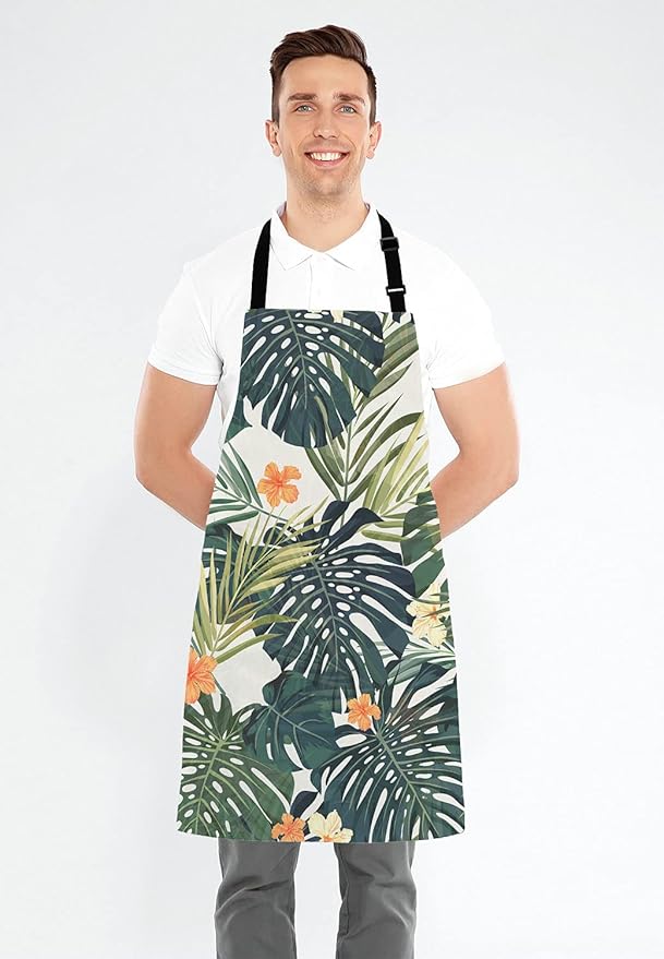Hibiscus Flowers Apron, Summer Colorful Hawaiian Tropical Plants Unisex Kitchen Bib with Adjustable Neck for Cooking Gardening,Adult Size