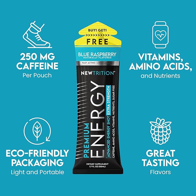 NewTrition® Extra Strength Energy Shots, 1.7 fl oz (Pack of 24, Blue Raspberry flavor) - 250mg Caffeine with Vitamin B & Amino Acids, Sugar-Free, Zero Calorie Vitamin Energy Drink for Focus & Endurance