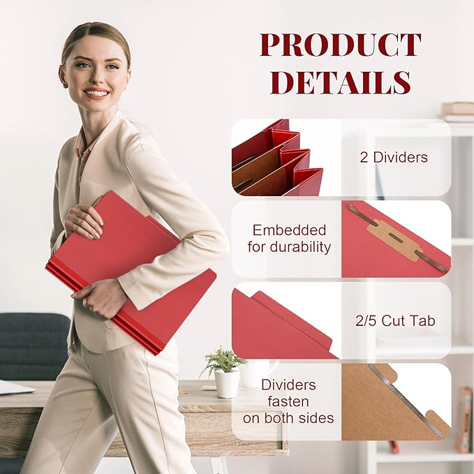 36 Pcs Classification Folders Letter Size, 2 Divider Pressboard File Folders with 3. 5 Inch Expansion, 2 Prongs Fastener, Heavy Duty Office File Organizers for Teachers, Medical (Dark Red)