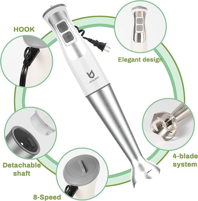 Immersion Hand Blender, UTALENT 3-in-1 8-Speed Stick Blender with Milk Frother, Egg Whisk for Smoothies, Coffee Milk Foam, Puree Baby Food, Sauces and Soups - White