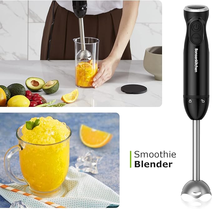 Bonsenkitchen Immersion Blender Handheld, 12-Speed and Turbo Hand Blender Electric with Sharp Blades, 3-In-1 Hand Held Stick Blender with Egg Whisk, 24oz Beaker for Soups, Smoothies, Sauce