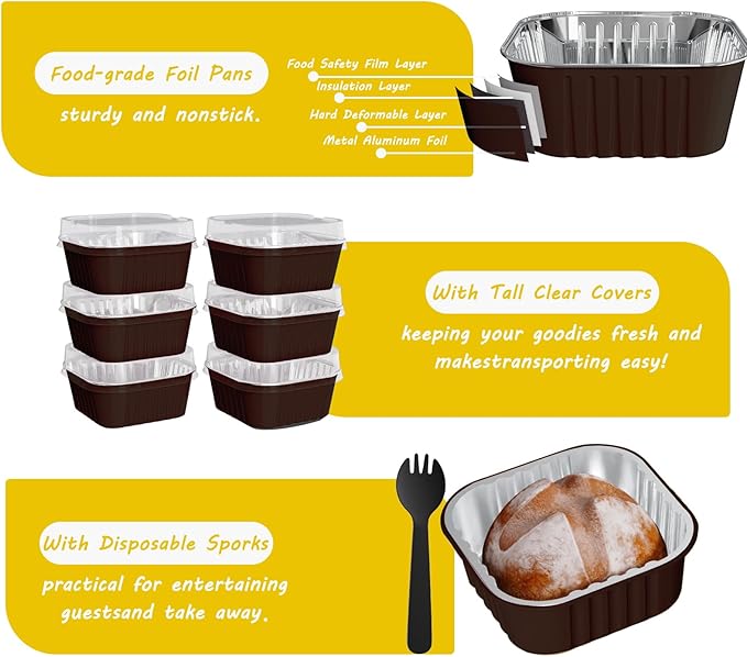 25 Pack Square Mini Cake Pans with Lids,Mini Loaf Pans with Lids,Aluminum Foil Baking Cups,Disposable Ramekins Cupcake Cups,Muffin Tins,Dessert Cups for Wedding Birthday Party Picnics,5oz (Coffee)