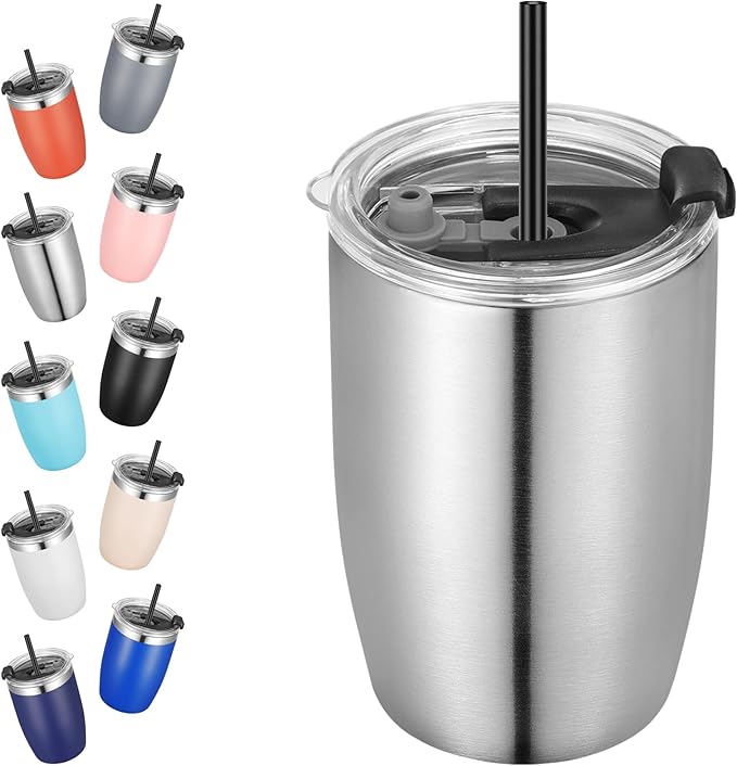 VEGOND Stainless Steel 12 oz Tumblers bulk Vacuum Insulated Double Wall Travel Tumbler with Lid and Straw Reusable Tumbler, Stainless 1 Pack