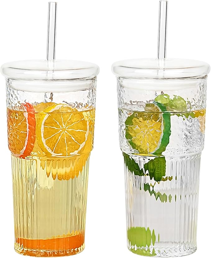 GOSCHE Glass Cups with Lids and Straws, 20oz Glass Cups Drinking Jar, Clear Iced Coffee Cups, Vintage Ripple Glass Tumbler for Water Coffee Tea, Clear, 2Pcs