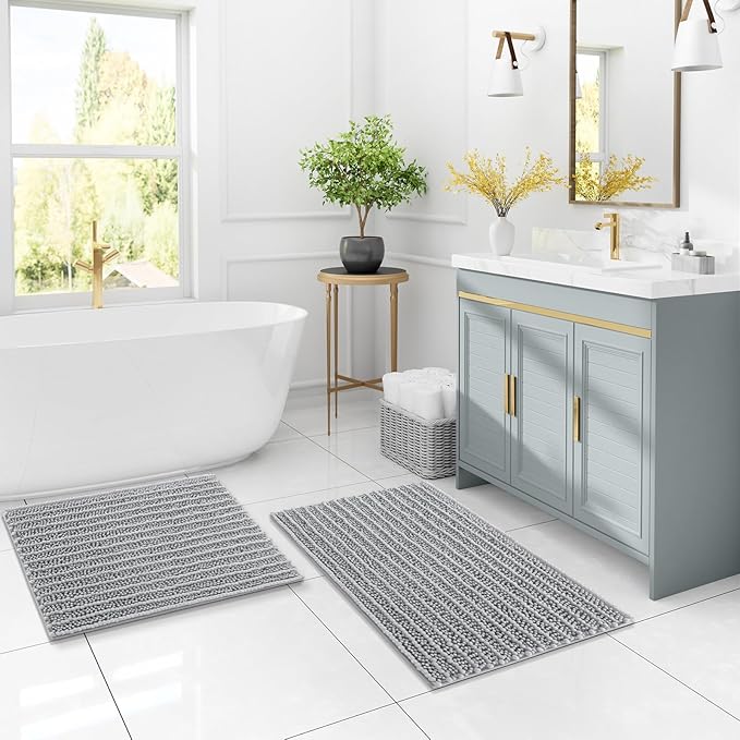 Arotive Luxury Chenille Bathroom Rug Mat, Extra Soft Thick Absorbent Shaggy Bath Rugs, Non-Slip Machine Wash Dry, Plush Bath Mats for Bathroom, Shower and Tub, 30x20, Light Grey