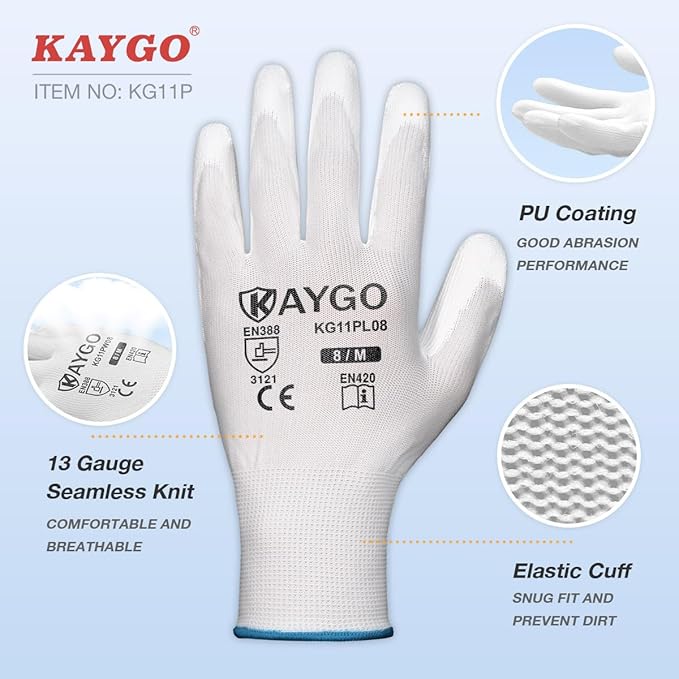 KAYGO Safety Work Gloves PU Coated-12 Pairs, KG11PB, Seamless Knit Glove with Polyurethane Coated Smooth Grip on Palm & Fingers, for Men and Women, Ideal for General Duty Work (Medium, White)