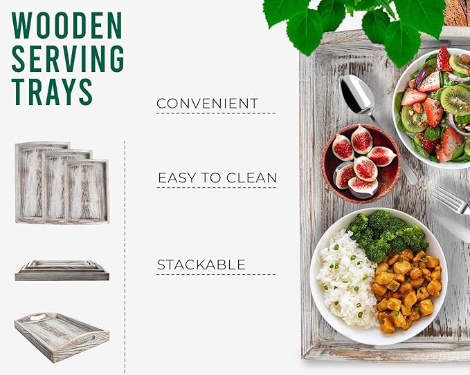 Serving Trays Set of 3 - Ottoman Wood Trays for Entertainment, Food and Décor - Rustic Farmhouse Distressed Wood Finish - Rustic White
