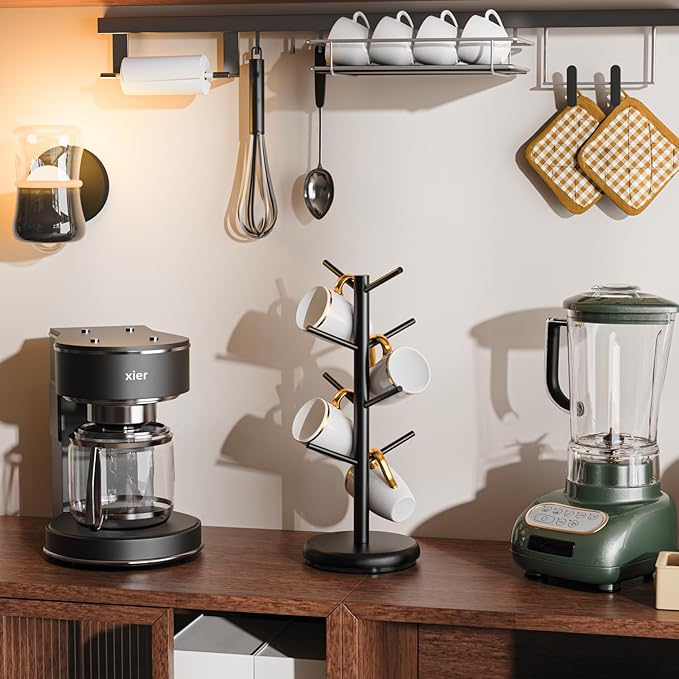 BAMBANG Coffee Mug Tree, 360° Rotating Bamboo Cup Holder Tree for Counter Top, Mug Rack with 8 Hooks, Mug Stand for Coffee Bar, Home, Black