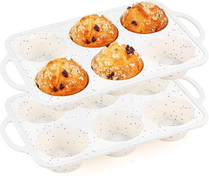 2 Pcs Jumbo Muffin Pan with Metal Frame, Nonstick 6 Cup Extra Large Cupcake Pan for Baking, Silicone Deep Muffin Tray for Egg Bites (Cream)