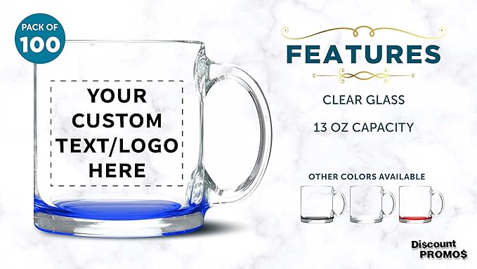Custom Clear Glass Coffee Mugs 13 oz. Set of 100, Personalized Bulk Pack - Perfect for Coffee, Tea, Espresso, Hot Cocoa, Other Beverages - Blue Bottom