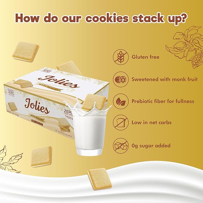 ChocZero Chocolate Cookies, White Chocolate Jolies, Gluten Free, No Added Sugar, 20 Crispy Chocolate Filled Keto Cookies Per Box, 8 Ounce (Pack of 1)