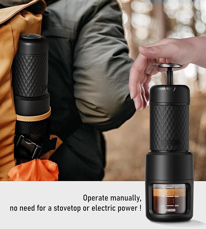 STARESSO Classic Portable Espresso Maker, 2 IN 1 Travel Coffee Maker Compatible Ground Coffee & NS Original Pods, Espresso Machine with Stainless Steel Chamber for Travel Camping, Manually Operated