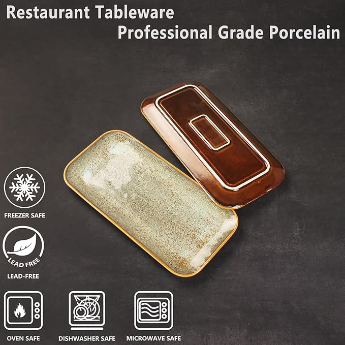 Ceramic Dinner Plates Dish Set, Set of 4, Microwave Oven and Dishwasher Safe,Scratch Resistant, Dinnerware Kitchen Porcelain Serving Dishes Brown glaze change, 12.4 Inch Rectangle plate