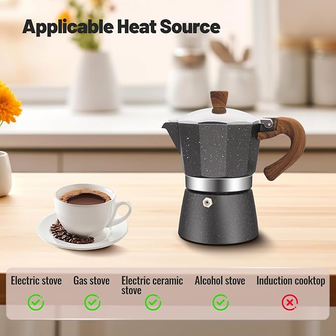 3 Cup Aluminum Moka Pot Classic Stovetop Espresso Coffee Maker 150ml 5oz Coffeemaker Percolator Mocha Pot Greca Coffee Maker Cafe Makers for Italian and Cuban Café Brewing Gray