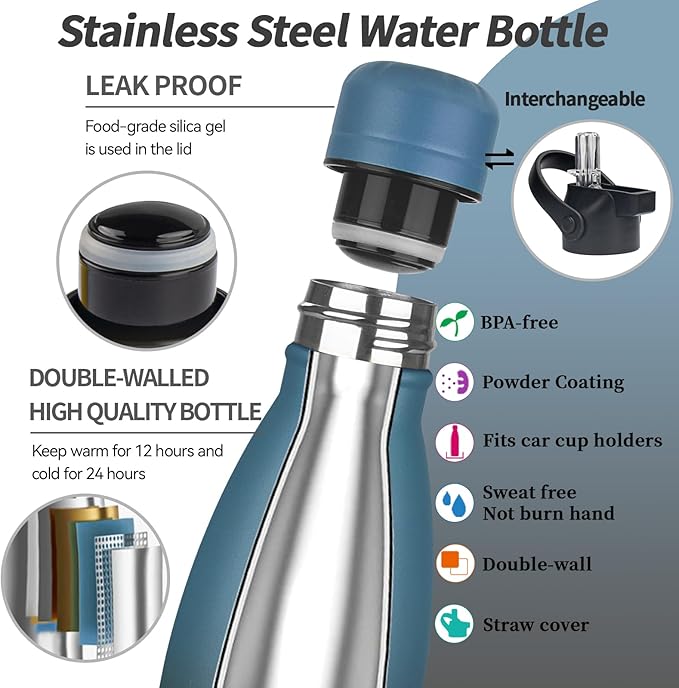 Insulated Water Bottle,2 Pack-12oz Stainless Steel Water Bottles with straw lid,Metal Sports Thermos Water Bottles for Boys,Girls,Double Wall Vacuum BPA-Free Flask for Sports (Purple-SeaIndigo)