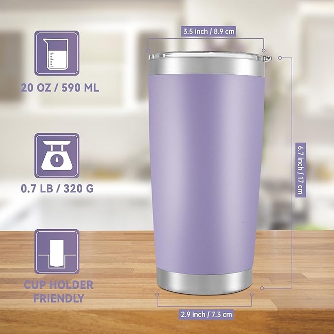 20 oz Tumbler Stainless Steel Tumblers with Lid Double Wall Vacuum Insulated Coffee Mug 20oz Powder Coated Cup for Hot and Cold Drinks, Purple, 1 pack