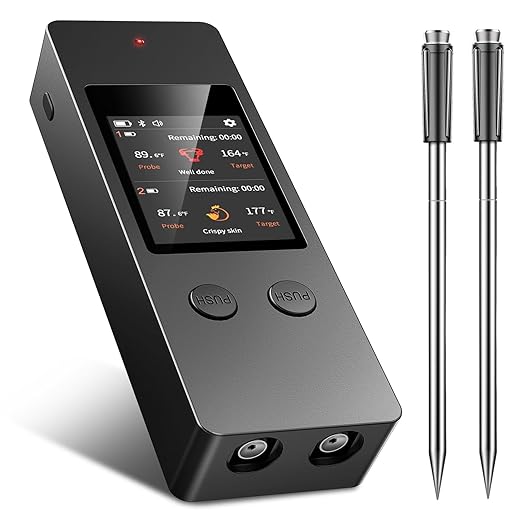 Smart Wireless Meat Thermometer, [2025 New ]，2 Upgraded Ultra-Thin Probe，No App＆Large HD Touch Screen，800FT Range，1000°F Heat Safe,IP67 Waterproof,Perfect for Kitchen, BBQ, Grill, Oven, Smoker