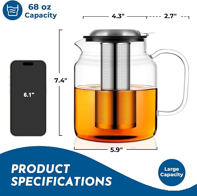 Aquach 68oz Glass Teapot with Stainless Steel Removable Infuser, Stovetop & Dishwasher Safe, Perfect for Brewing Loose Leaf Tea