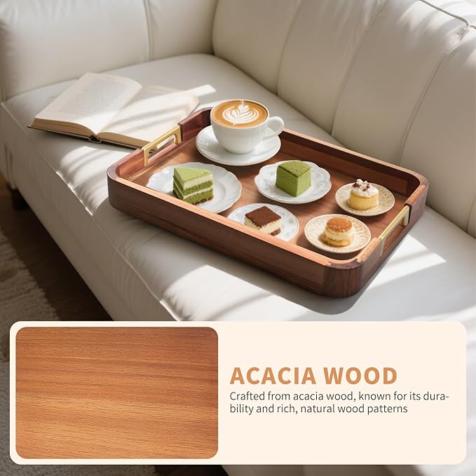Acacia Wood Serving Tray with Metal Handles, 17x12in Food Drinks Tray for Coffee Table, Breakfast, Dinner & Bar, Rustic Decorative Storage Tray for Ottoman, Kitchen, Parties
