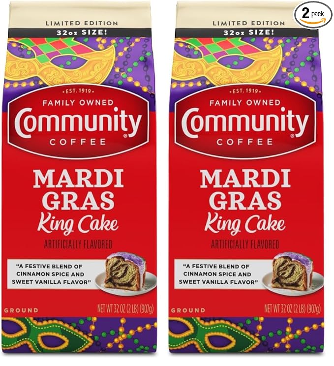 Community Coffee Mardi Gras King Cake Flavored 32 Ounces, Medium Roast Ground Coffee, 32 Ounce Bag (Pack of 2)