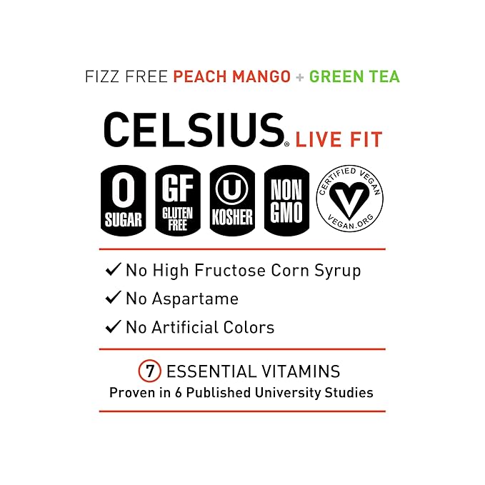 CELSIUS Peach Mango Green Tea, Functional Essential Energy Drink 12 Fl Oz (Pack of 12)