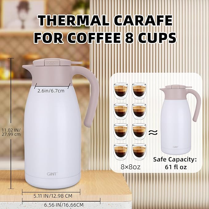 GiNT 1.9L / 64Oz Thermal Coffee Carafe, Insulated Stainless Steel Coffee Carafes for Keeping Hot/Double Walled Vacuum Thermal Carafe (White)