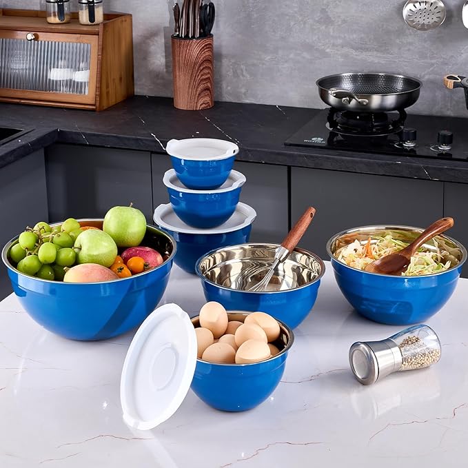 Blue Mixing Bowls With Airtight Lids,Stainless Steel Bowl,Salad Bowls 7 Piece Colorful Nesting Bowl Blue Kitchen Accessories,Size 7,3.6,2.7,2.1,1.5,1.1,0.8QT Stackable Design