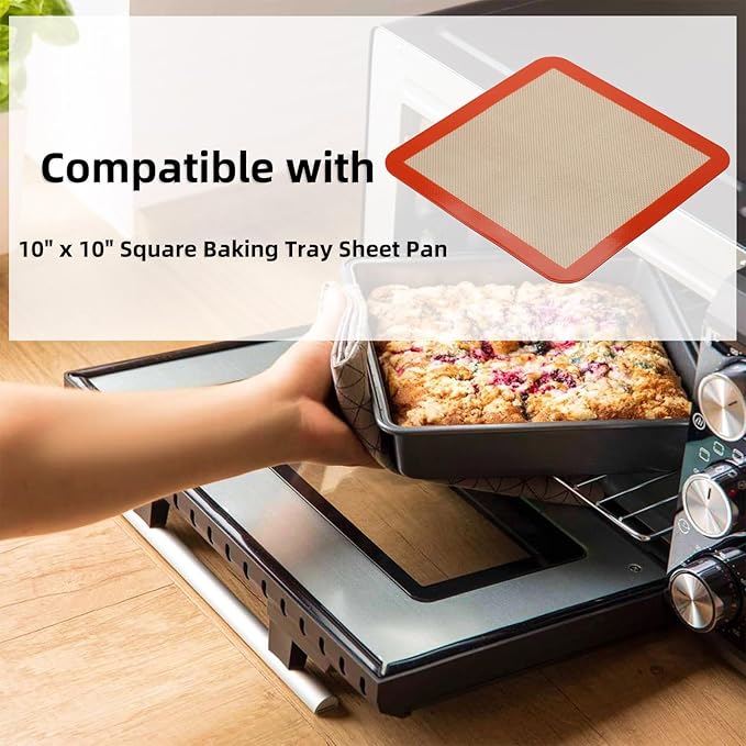 Square Silicone Baking Mats for 10 Inch Cake Pan, 9.65"Square Food Grade Silicone Mat for Baking Sheet for Cake/Pastry/Toast/Pie, Non-Stick Reusable Baking Mat for 10x10 Air Fryer/Cake Pan/Oven