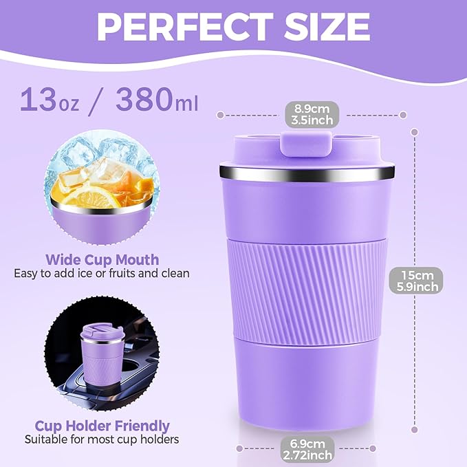 Volhoply 13 oz Stainless Steel Insulated Travel Coffee Mug with Fip Lid,Reusable Double Wall Vacuum Metal Coffee Cup,Portable to Go Leak Proof Cafe Thermal Tumbler for Hot & Cold Drinks(Purple,1)