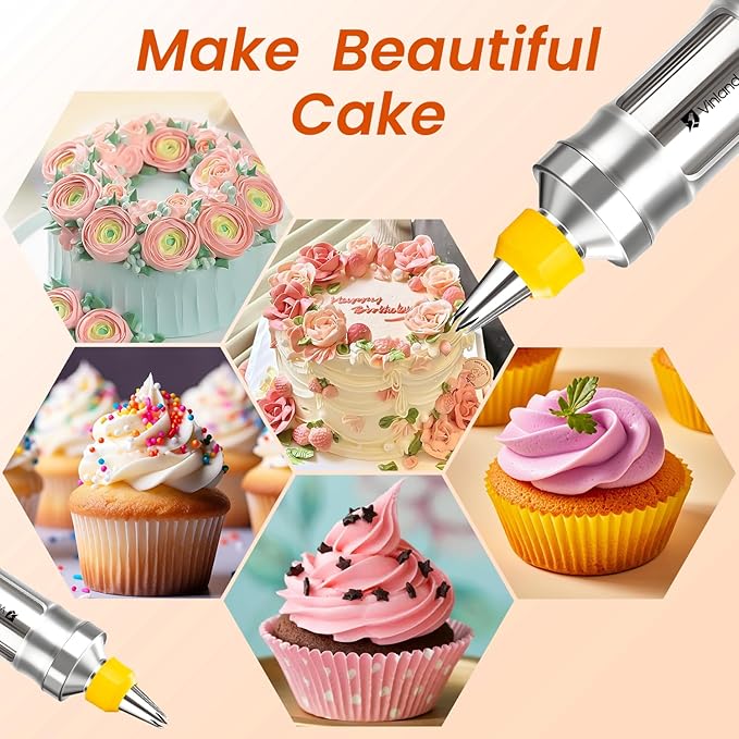 Dessert Decorating Syringe Set Icing Piping Kit Frosting Piping Kit Stainless Steels Cake Decorating Kit with 10 food grade stainless steel piping tips & 50 Disposable Piping Bags Yellow