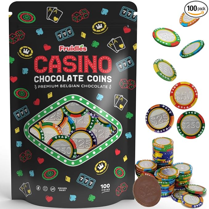 Fruidles Casino Poker Chips, Belgian Milk Chocolate Coins, Kosher Certified Dairy, Non GMO (100-Pack)