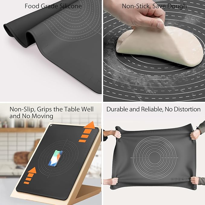 Silicone Baking Mat 28" x 20" Extra Thickness Dough Rolling Mat with Measurements and Edge Heightening, Non-stick Food Grade Silicone Pastry Mat for Pastry, Bread, Cookies, Pizza, Fondant, Pasta