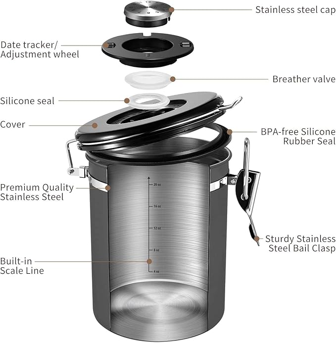 Veken Coffee Canister with Window,Airtight Stainless Steel Kitchen Food Storage Container, Date Tracker & Scoop for Grounds Coffee, Beans, Tea, Flour, Cereal,Sugar,22OZ,Grey
