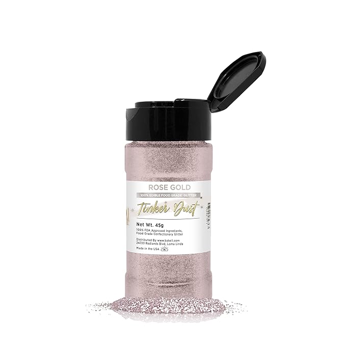 BAKELL Rose Gold Edible Glitter, 45 Grams | TINKER DUST Edible Glitter | KOSHER Certified | 100% Edible Glitter | Cakes, Cupcakes, Cake Pops, Drinks, Dessert Vegan Glitter & Dusts (45g Shaker, Rose Gold)