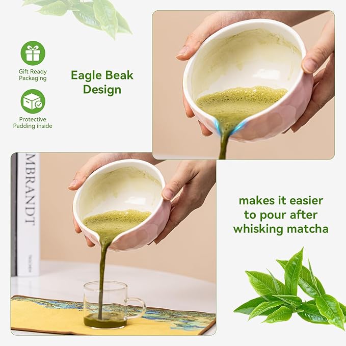 Japanese Matcha Whisk Set,Ceramic Matcha Set Includes Bowl with Spout, Matcha Sifter, Bamboo Whisk and Holder for Matchas Tea,2 Bamboo Scoop, Scoop Rest,Tea Towel - 8 Pcs Kit Gift for Matcha Lovers