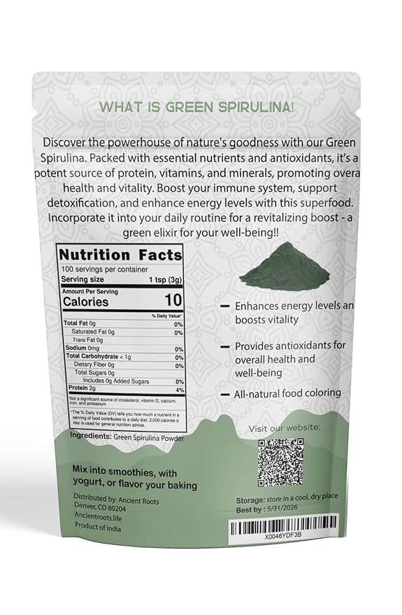 Ancient Roots Green Spirulina Powder - Freeze-Dried, All-Natural, No Sugar Added, Mix with Smoothies, Natural Food Coloring, Resealable Pouch - 10.5 Ounces (75 Servings)